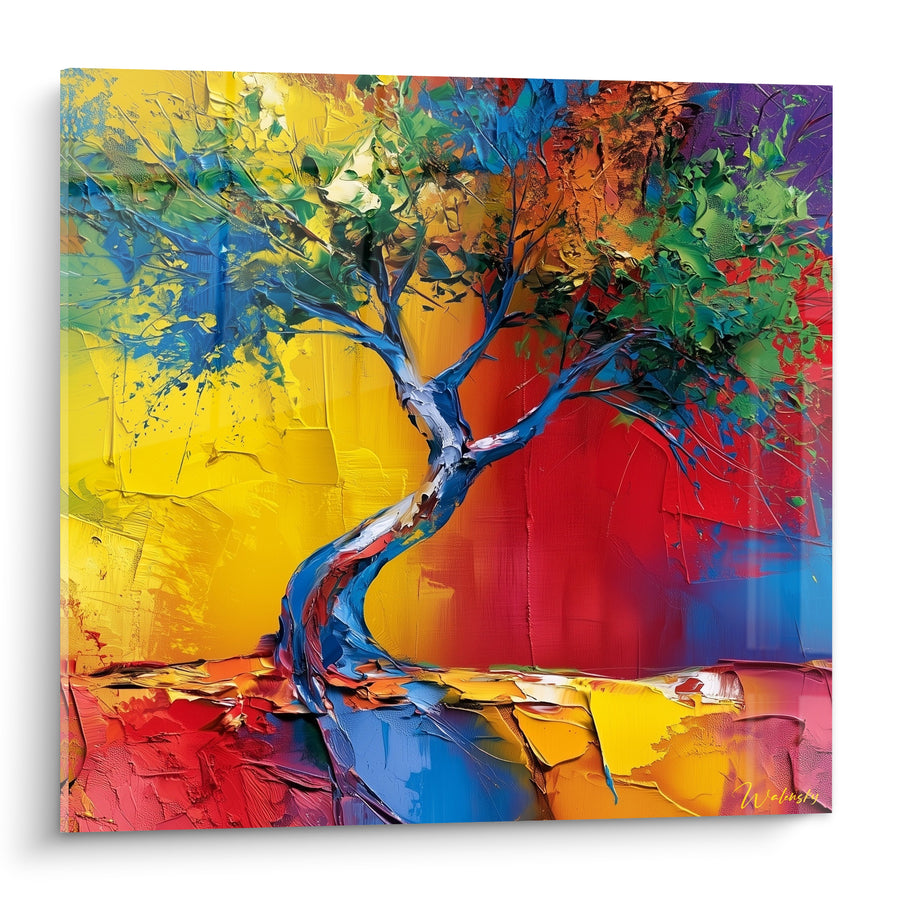 Tableau Olivier au tronc bleu sur fond rouge et jaune - Sève incandescente - Edition Olivier