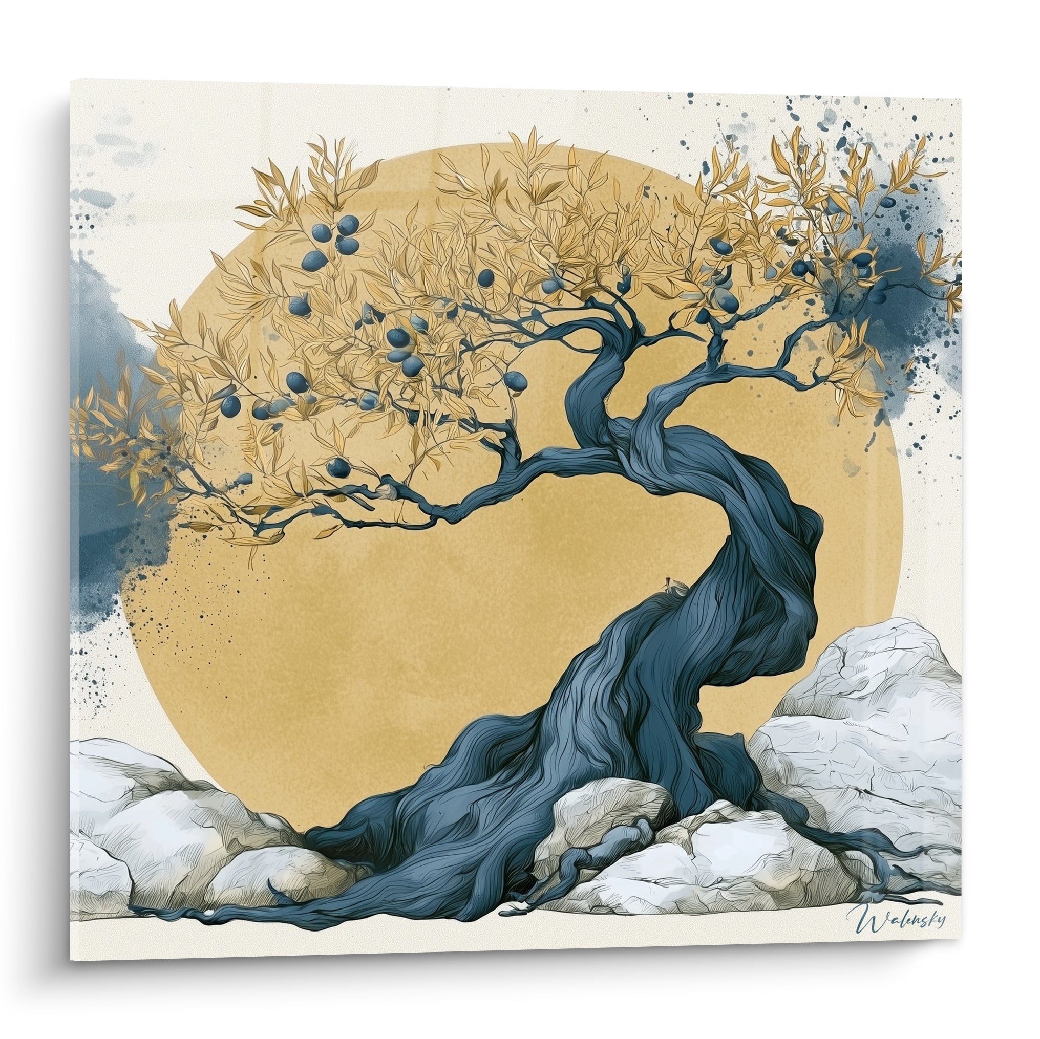 Olivier au tronc bleu ardoise sinueux devant un disque doré, feuillage ocre et olives sombres