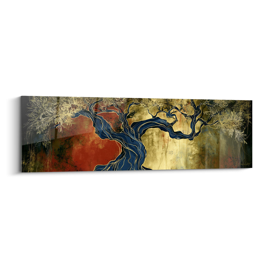 Tableau Olivier au tronc bleu marine sinueux fond doré et rouge - Feuillage filigrané doré - Edition Olivier
