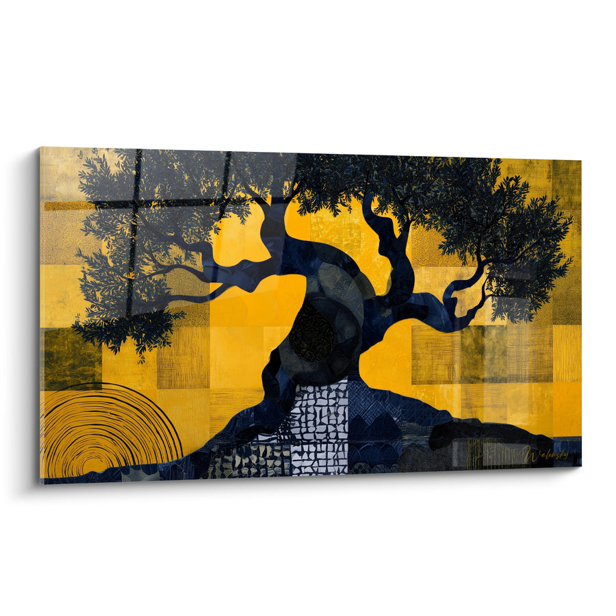 Tableau Olivier noir et jaune sur fond patchwork géométrique - Spirale concentrique gravée - Edition Olivier