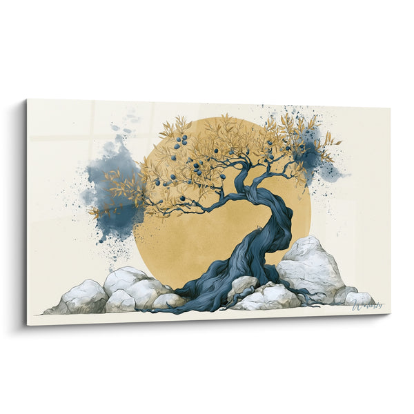 Tableau Olivier bleu et doré sur rochers blancs - Disque solaire ocre - Edition Olivier