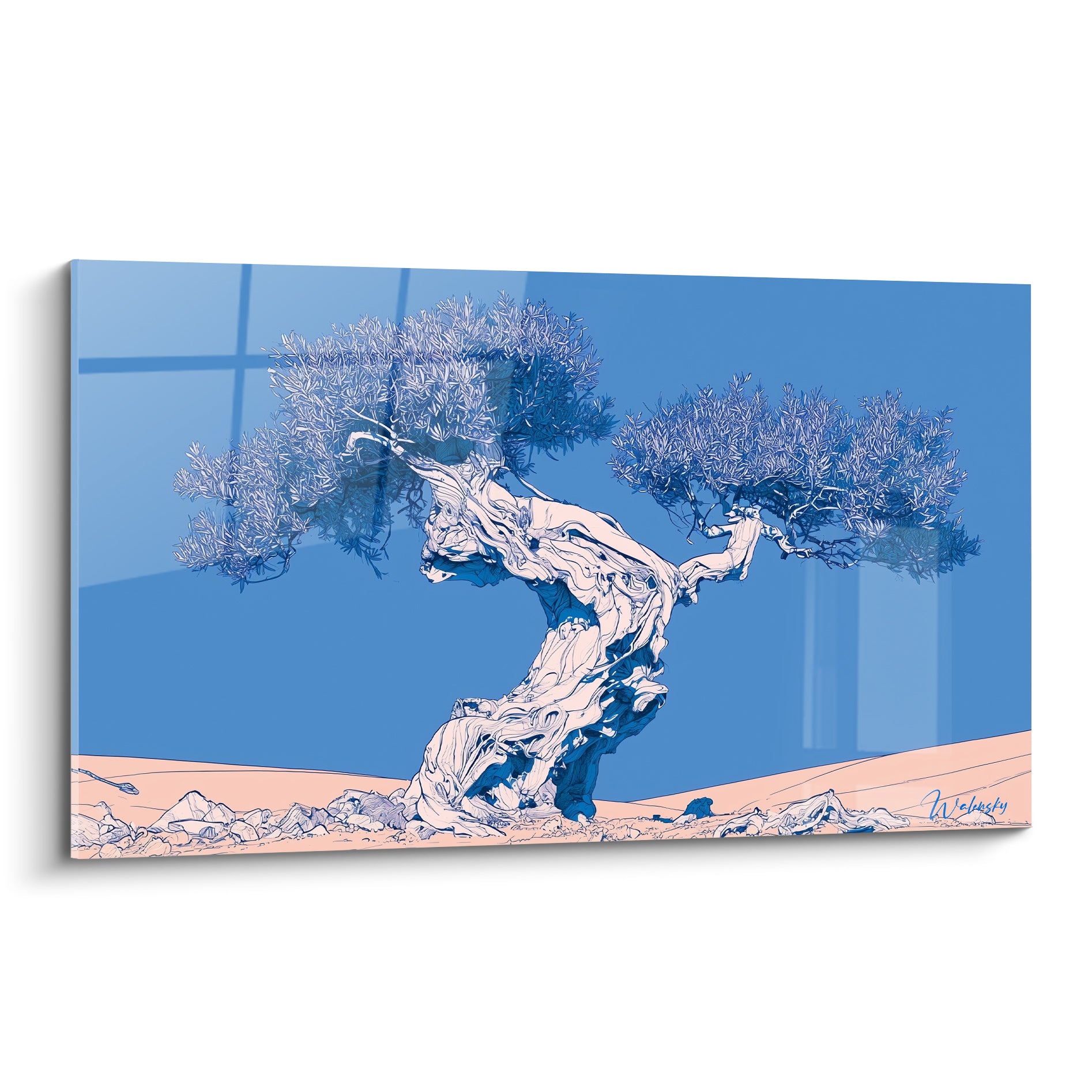 Olivier au tronc blanc torsadé sur fond bleu marine et sol rose poudré, style graphique