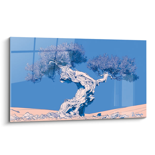 Tableau Olivier au tronc blanc sinueux sur sol rosé - Pierres éparses au sol - Edition Olivier