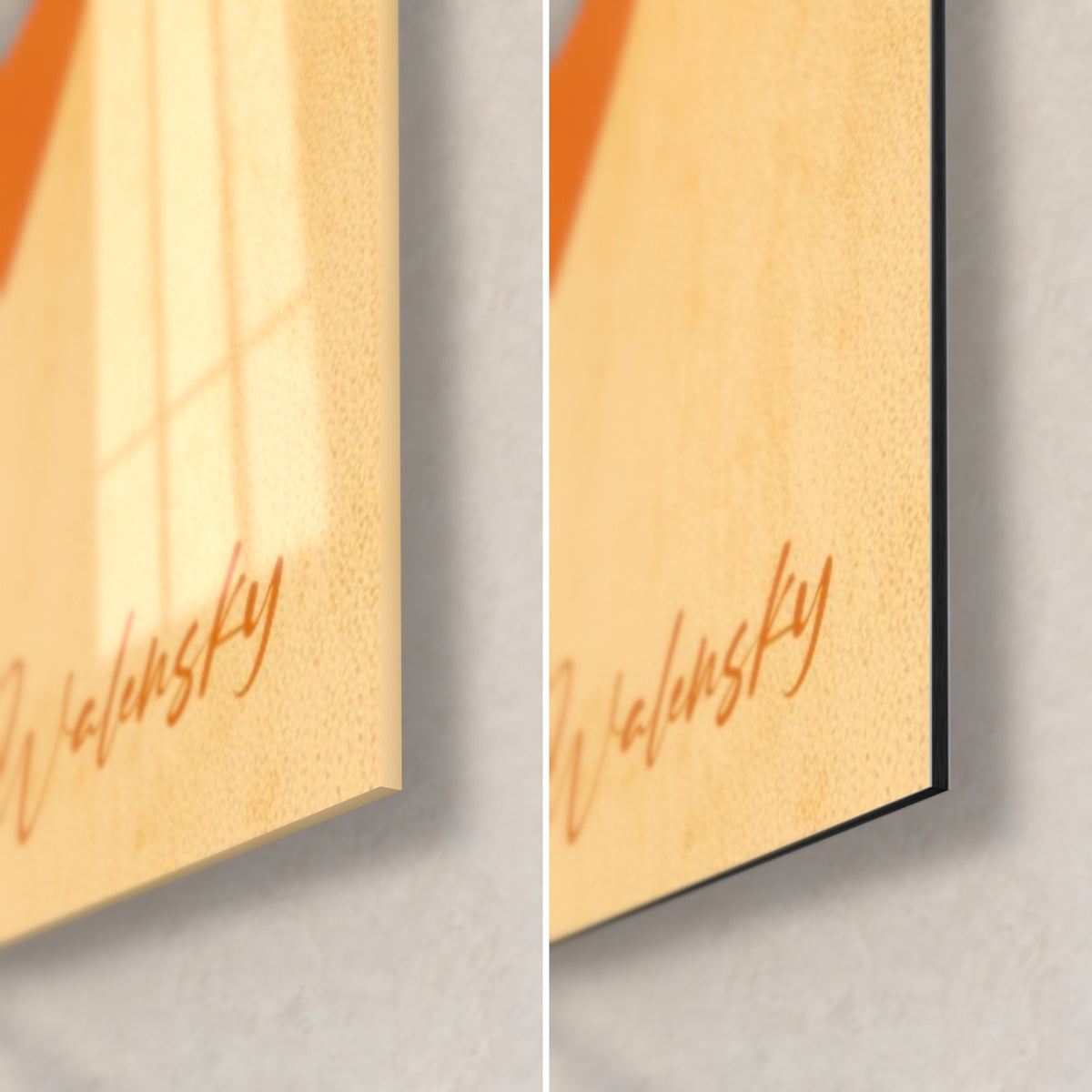 Gemälde Olivenbaum in Nachtblau, Ecke unten rechts: glänzendes Acrylglas links, mattes Dibond-Aluminium rechts, 3 mm Kante. Walensky
