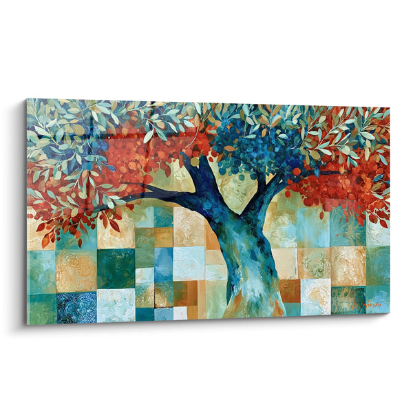 Tableau Olivier bleu et rouge sur fond en mosaïque - Baies rondes en grappes - Edition Olivier