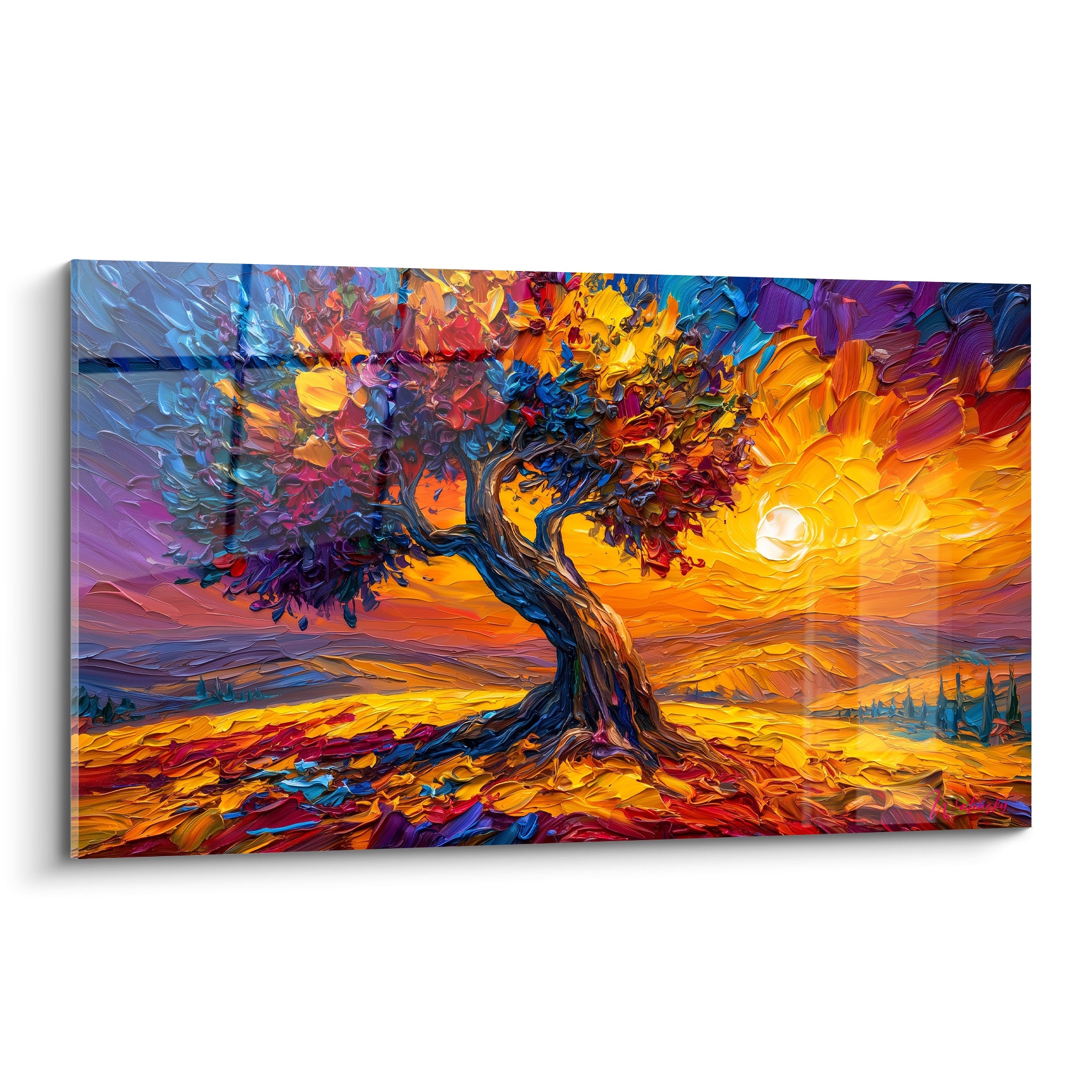 Olivier au tronc bleu sinueux, feuillage rouge et orange, soleil doré éclatant en fond de toile