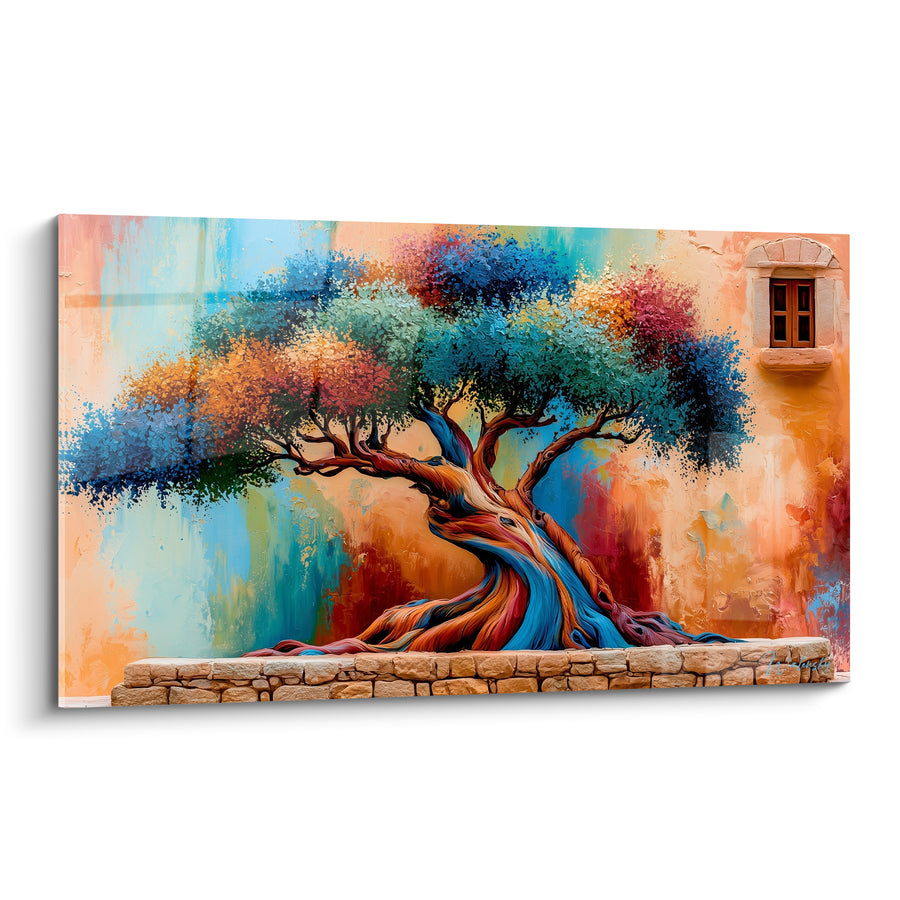 Tableau Olivier multicolore au tronc bleu et orangé sur muret de pierres - Fenêtre en pierre ancienne - Edition Olivier