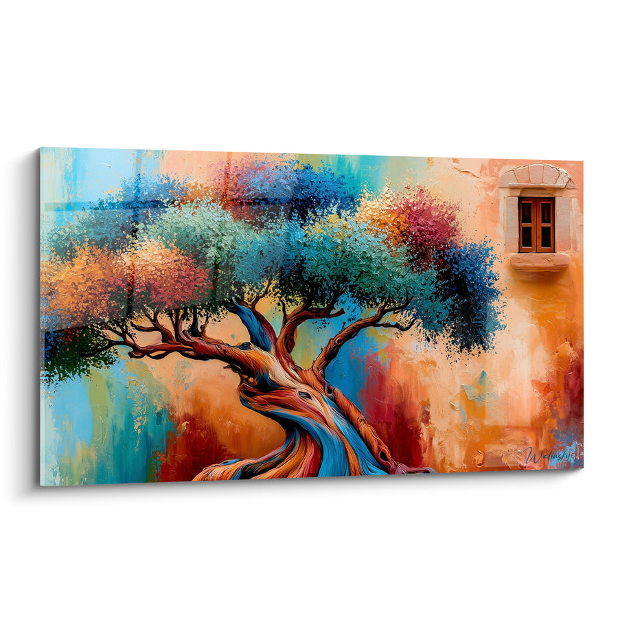 Tableau Olivier sinueux terracotta et bleu turquoise - Refuge méditerranéen - Edition Olivier