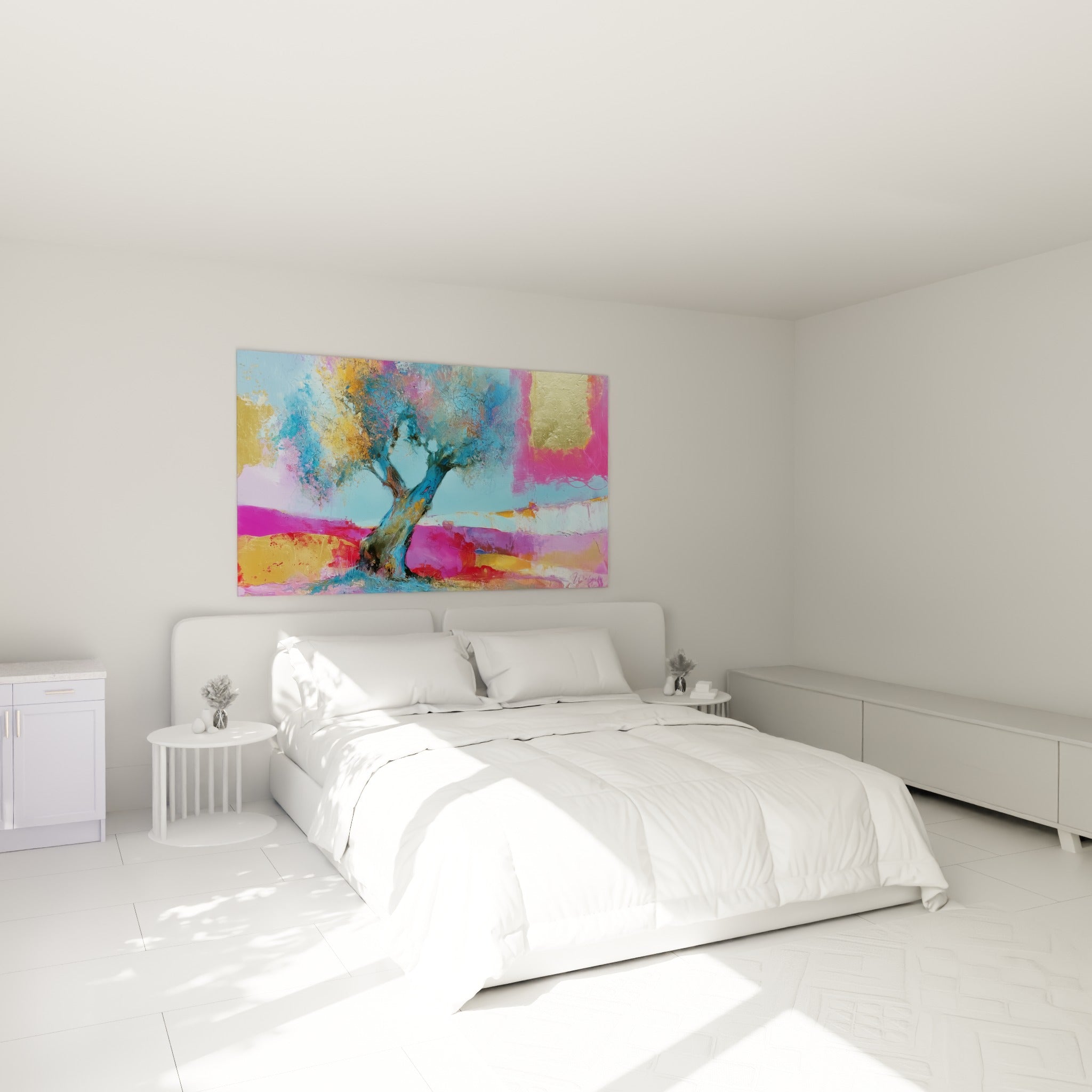 Silhouette d'olivier bleu pastel et rose fuchsia au-dessus d'un lit dans une chambre claire