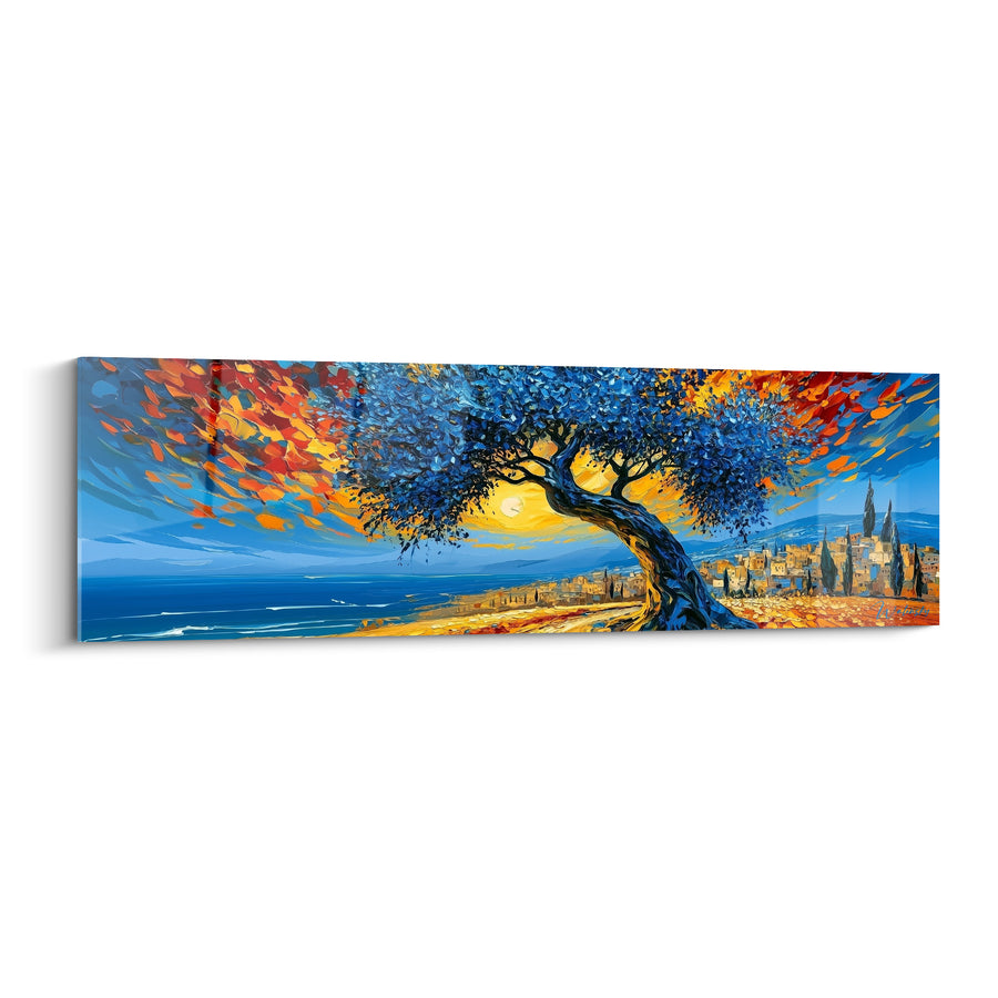 Tableau Olivier tronc noueux face à un village côtier - Crépuscule sur la baie - Edition Olivier