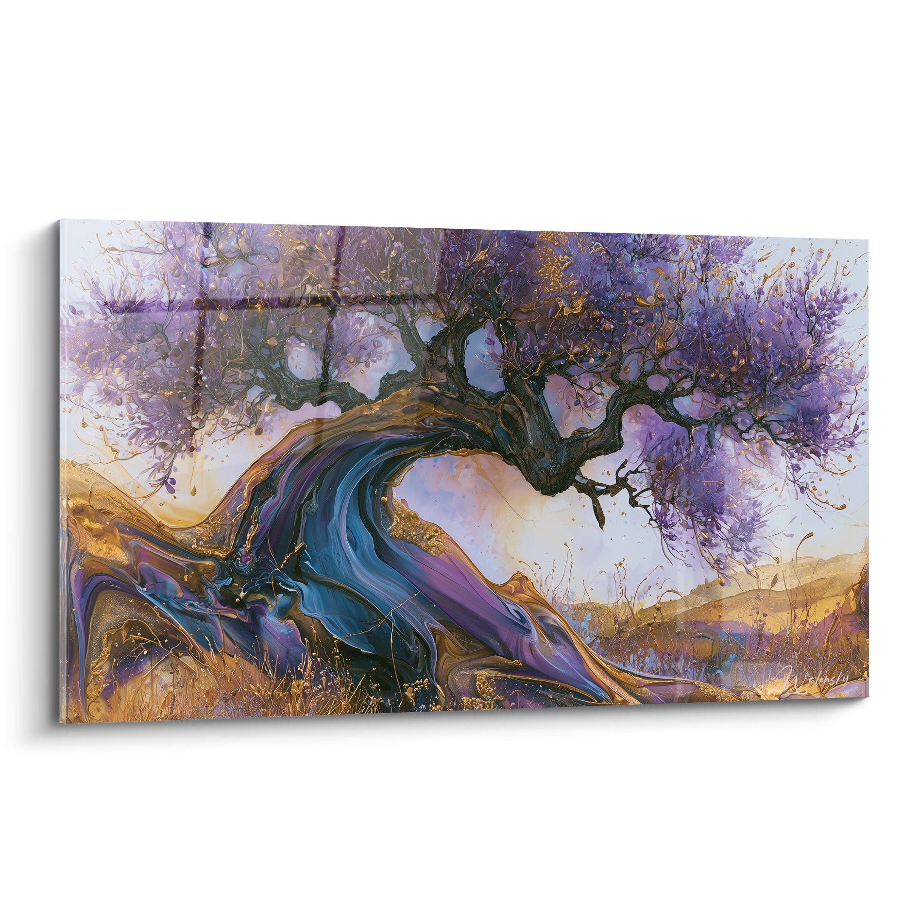 Olivier au tronc bleu marine et violet sinueux, feuillage doré et mauve, style peinture fluide