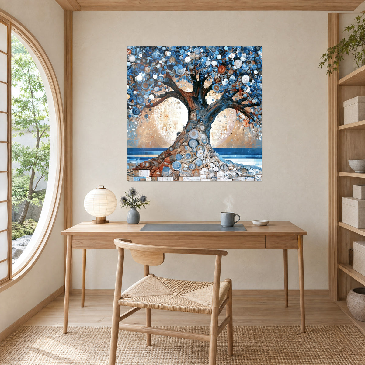 Tableau olivier millénaire, mosaïque de cercles azur et blancs sur fond sable doré, au-dessus d'un bureau en bois clair