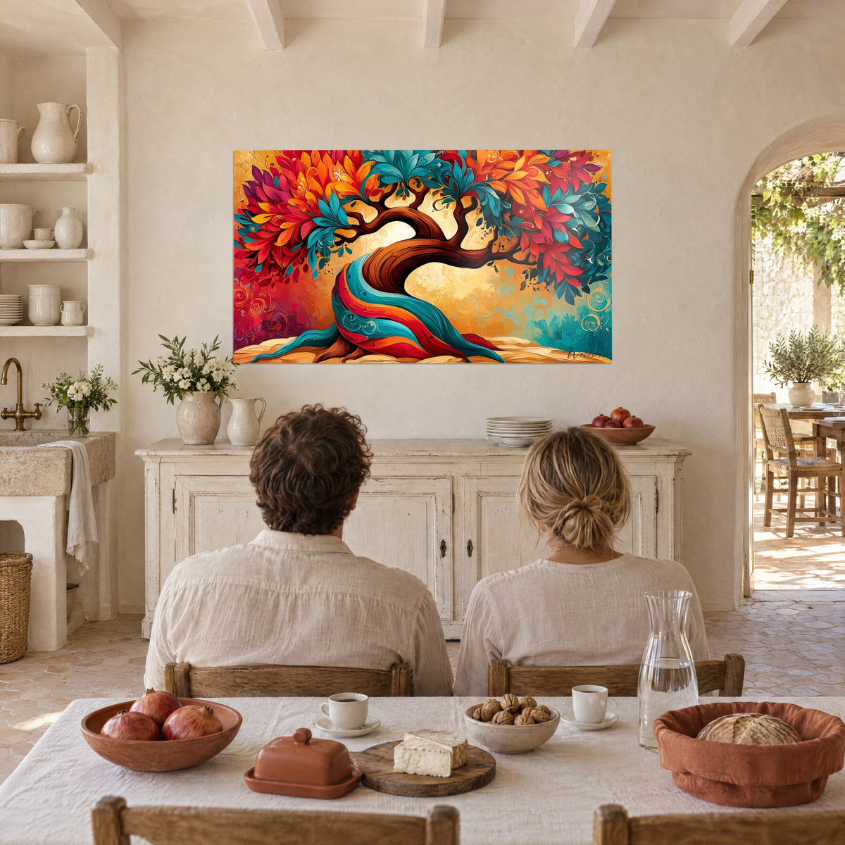 Tableau arbre enroulé de rubans turquoise et rouge, couple de dos attablé dans une cuisine ouverte d'un mas provençal