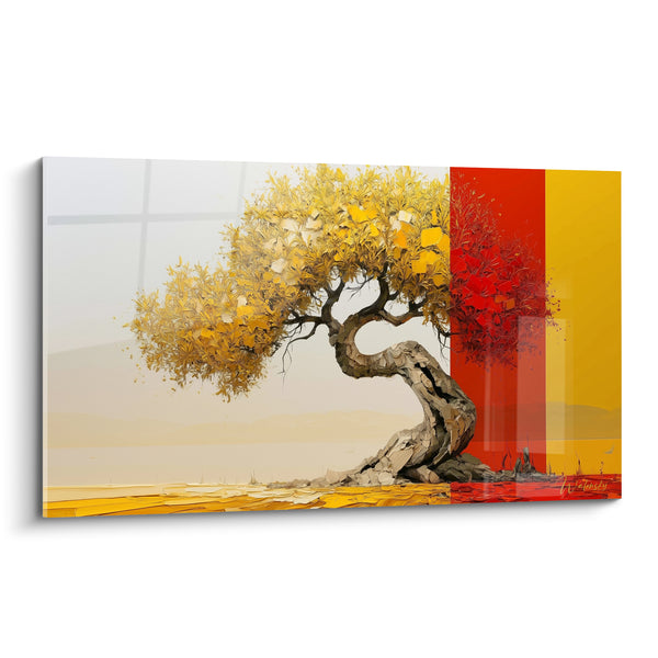 Tableau Olivier courbé au feuillage doré et rouge - Résilience solaire - Edition Olivier