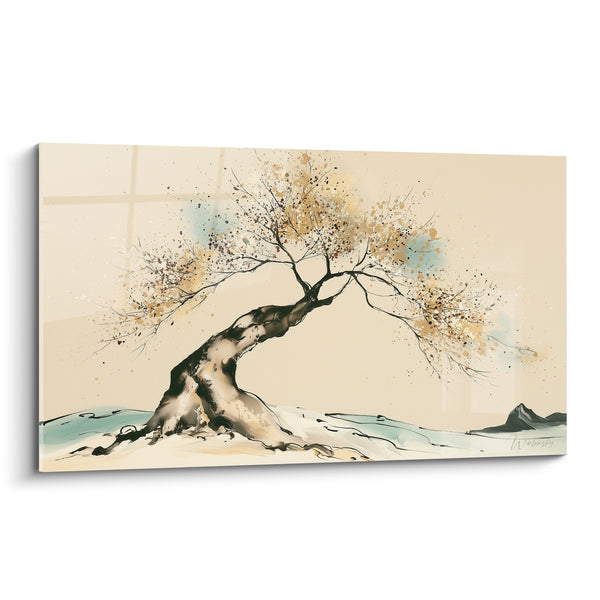 Tableau Olivier courbé aux éclats dorés et turquoise - Souffle du temps - Edition Olivier