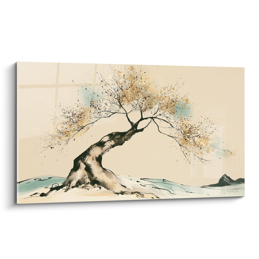 Tableau Olivier courbé aux éclats dorés et turquoise - Souffle du temps - Edition Olivier