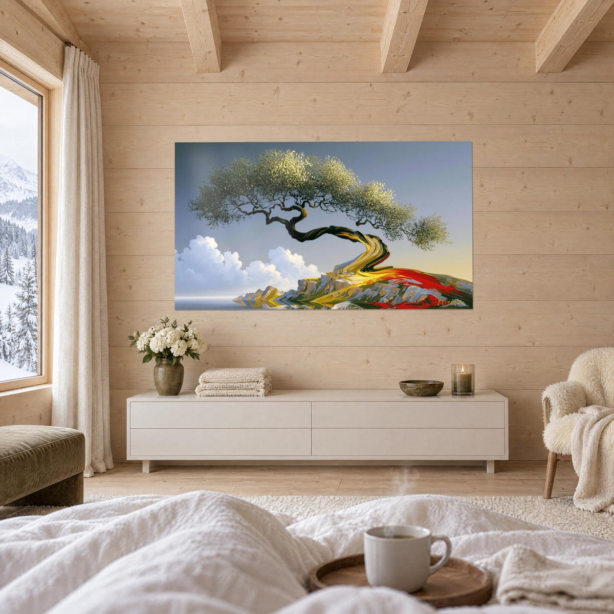 Cuadro bonsái gigante de ramas enmarañadas, cielo gris azulado y rocas rojas y doradas, encima de una cama en un dormitorio luminoso