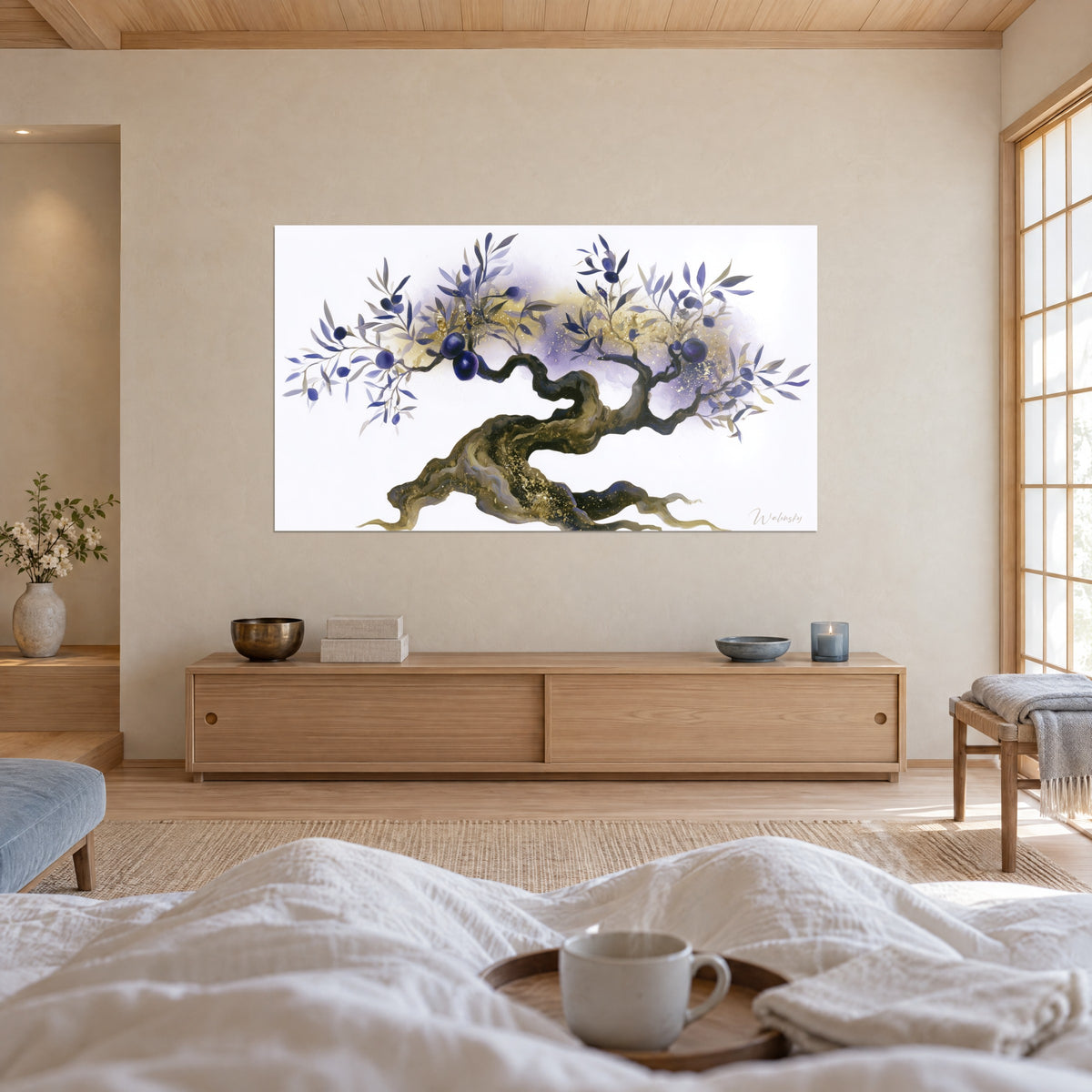 Wall art miniature olive grove, winding trunk in gold and ochre, grey-blue and lavender foliage, facing a person seen from behind, above a bed in a light bedroom