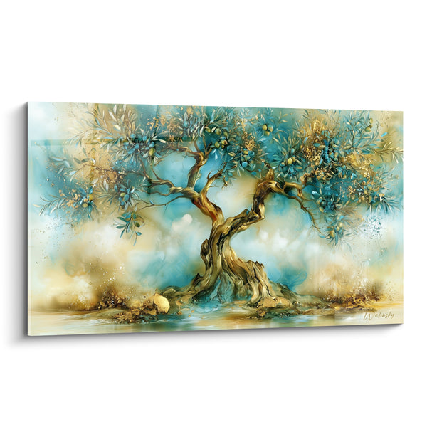 Tableau Olivier turquoise et doré aux olives scintillantes - Reflets sur l'eau calme - Edition Olivier