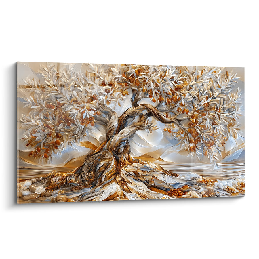 Tableau Olivier ivoire et ambre aux racines striées - Fruits ambrés éparpillés - Edition Olivier