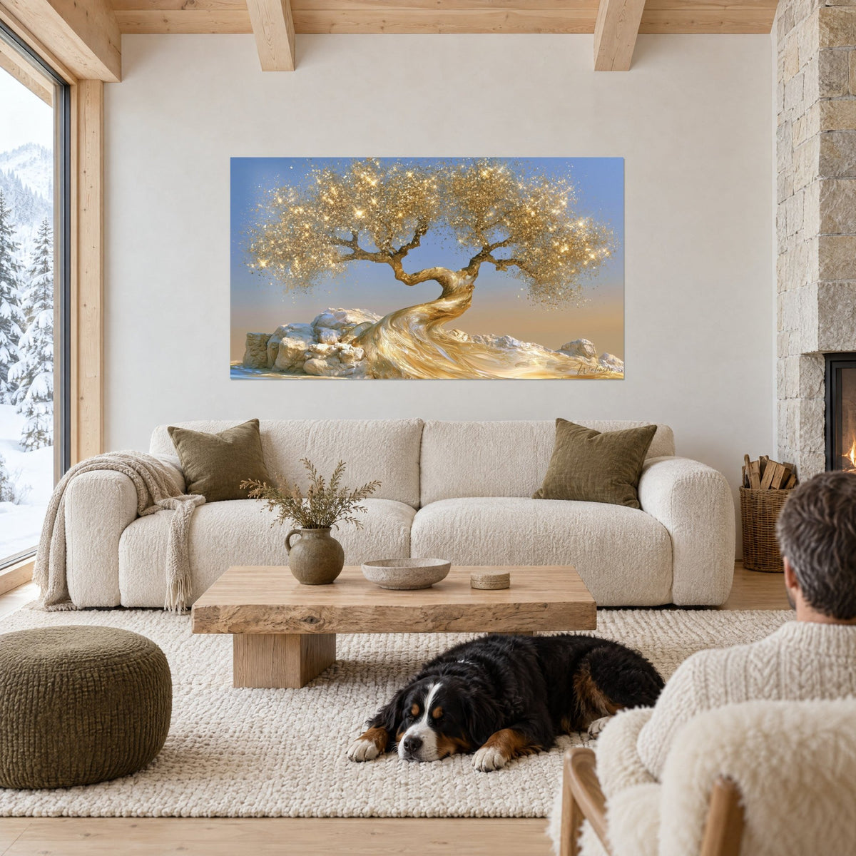 Gemälde goldener Baum mit funkelnden Blättern auf weißen Felsen, pastellblau, schwarzer Hund liegend, über einem Sofa in einem hellen Wohnzimmer