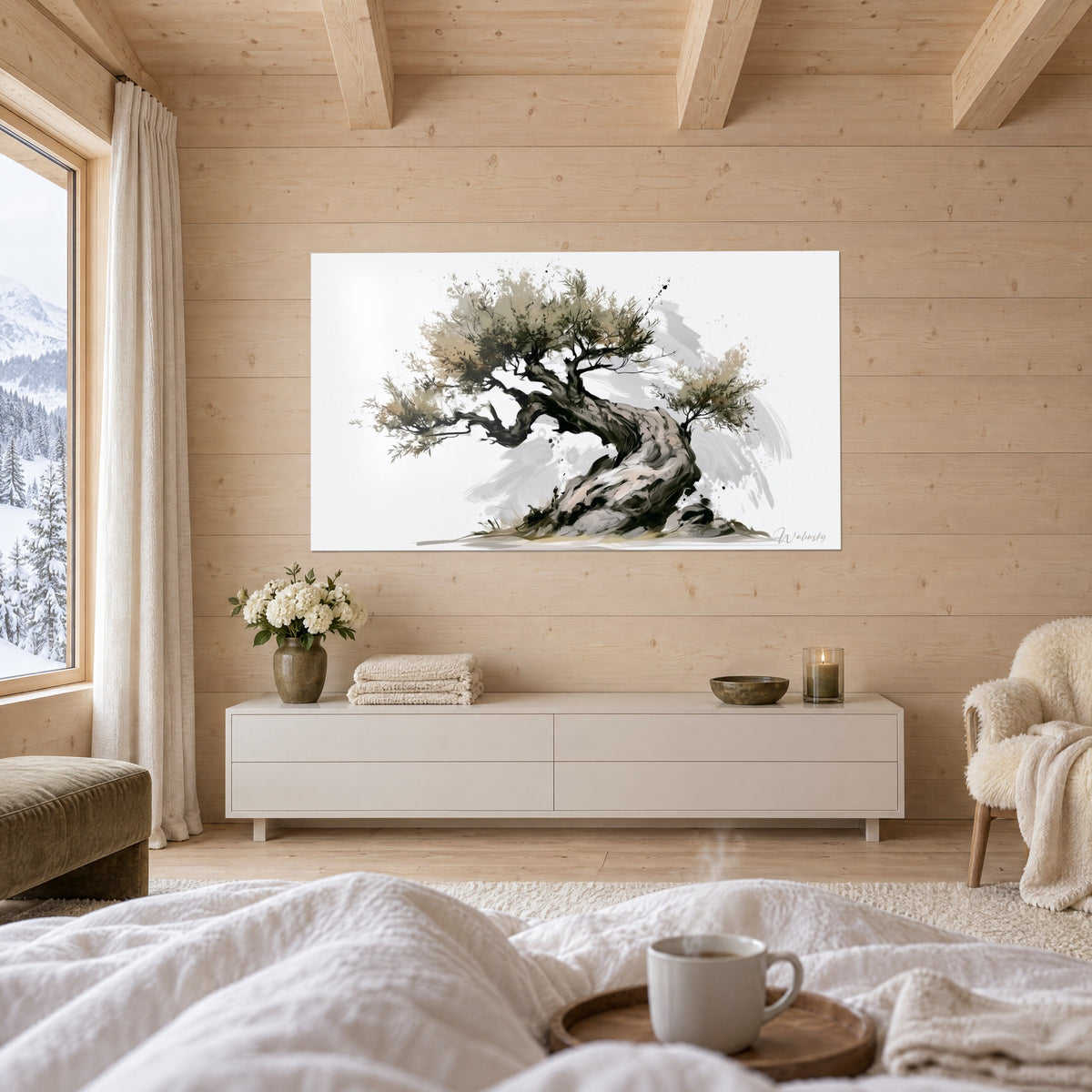 Cuadro viejo olivo de tronco retorcido gris rosado y follaje beige oliva, pared de madera clara, colgado encima de una cama en un dormitorio luminoso