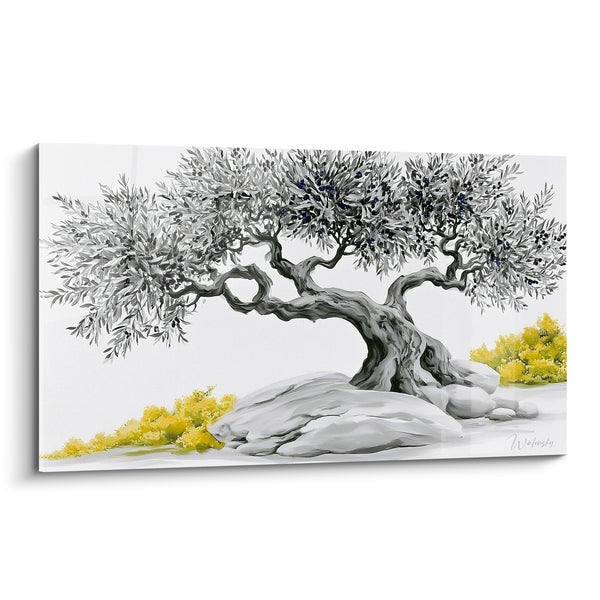 Tableau Olivier tronc gris fleurs jaunes - Sérénité méditerranéenne - Edition Olivier