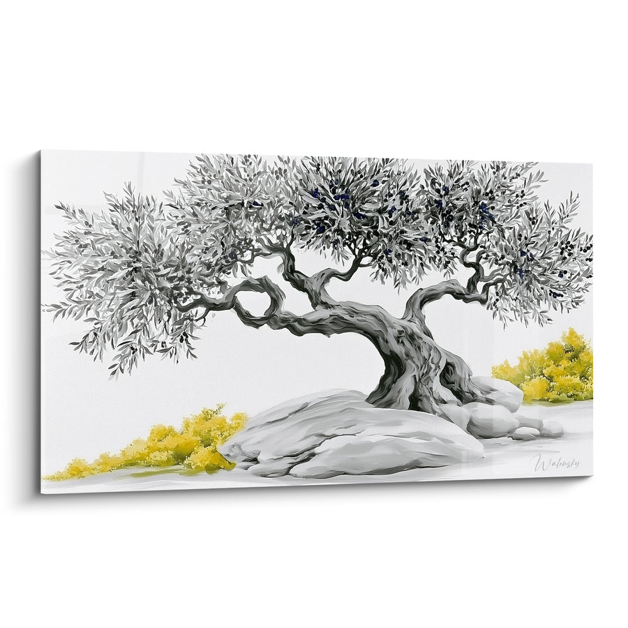 Tableau Olivier tronc gris fleurs jaunes - Sérénité méditerranéenne - Edition Olivier
