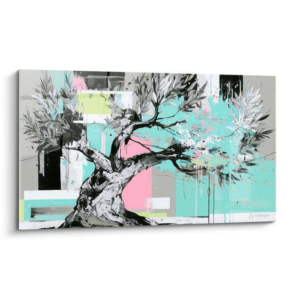 Tableau Olivier tronc gris et fond turquoise éclaboussé - Éveil graphique - Edition Olivier