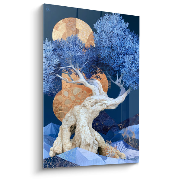 Tableau Olivier ivoire au tronc sculpté sous deux lunes dorées - Montagnes stylisées en écailles - Edition Olivier