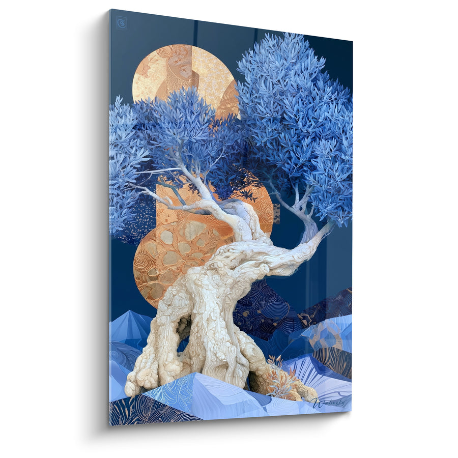 Tableau Olivier ivoire au tronc sculpté sous deux lunes dorées - Montagnes stylisées en écailles - Edition Olivier