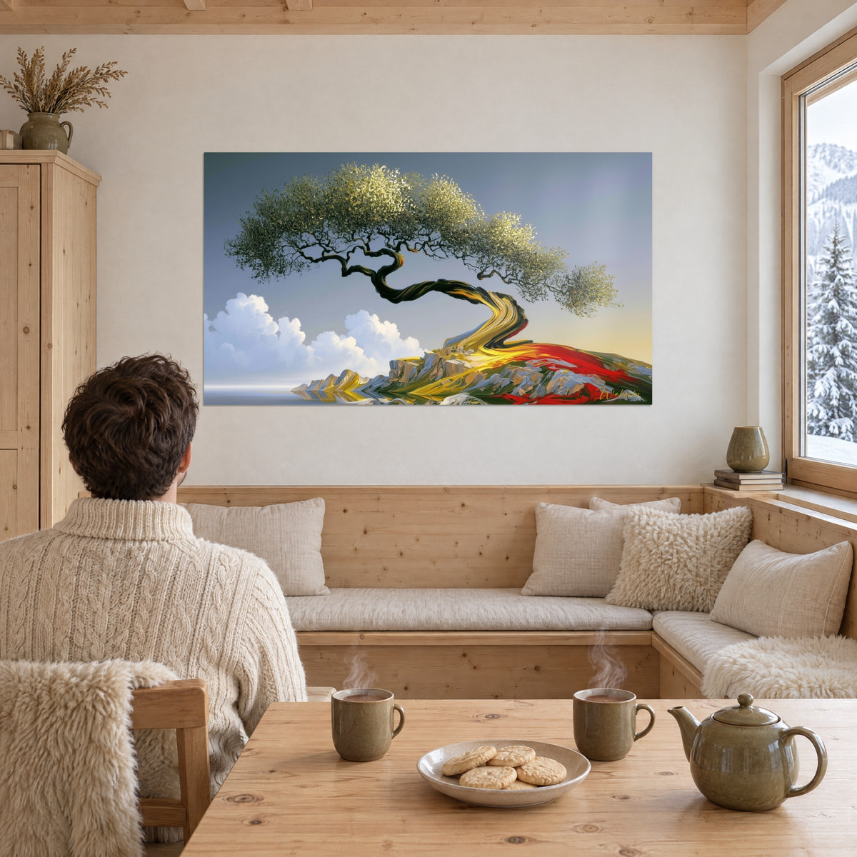 Cuadro árbol milenario de tronco retorcido negro y amarillo, roca roja, cabaña de madera clara, sofá de esquina y té humeante