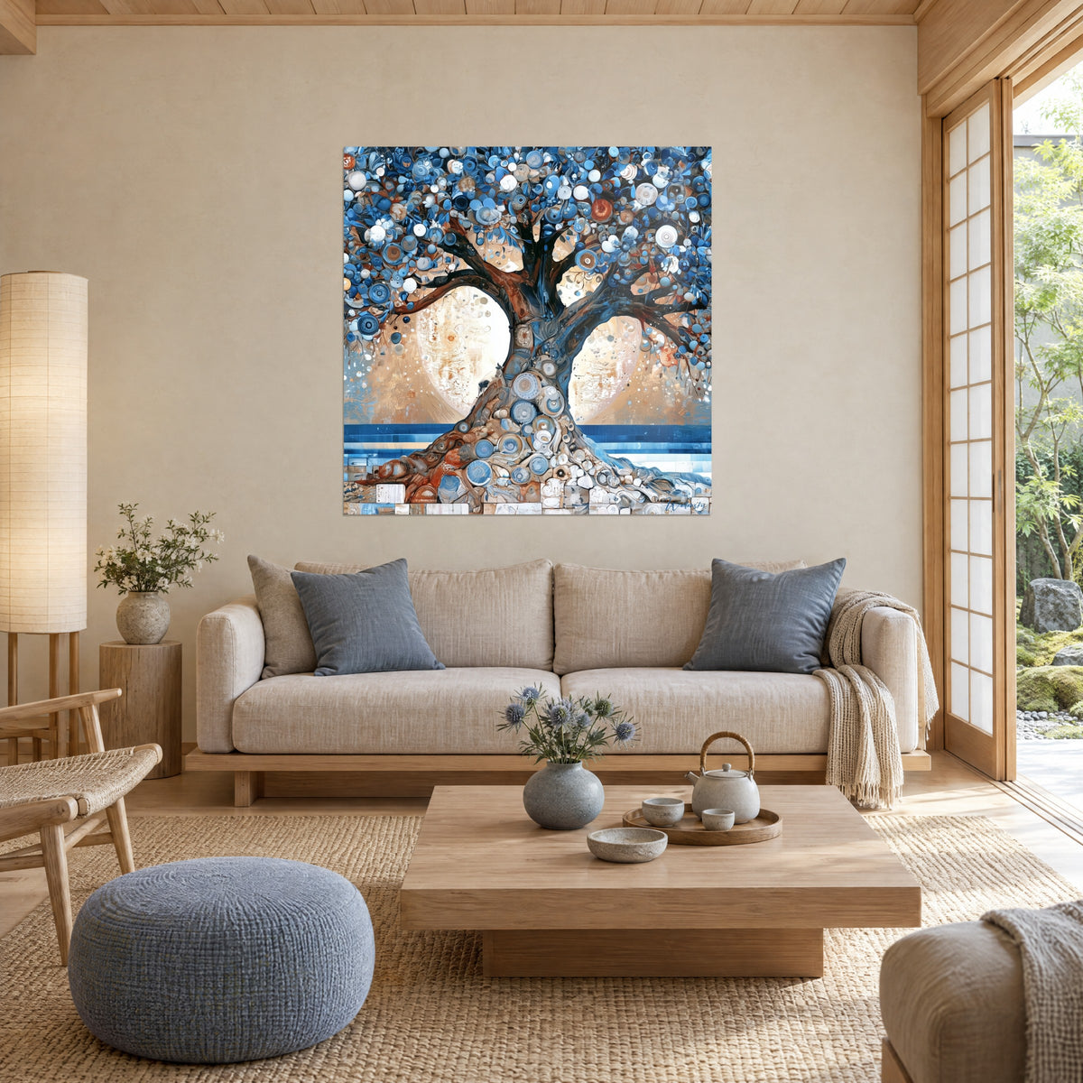 Tableau olivier aux feuilles bleu cobalt et cuivre, lune ocre derrière le tronc, au-dessus d'un canapé dans un salon lumineux