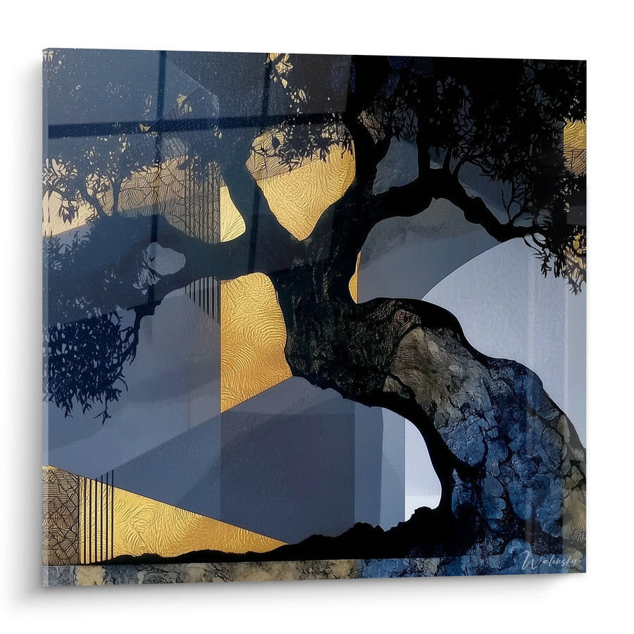 Tableau Olivier torsadé sur fond bleu et doré géométrique - Silhouette au crépuscule - Edition Olivier