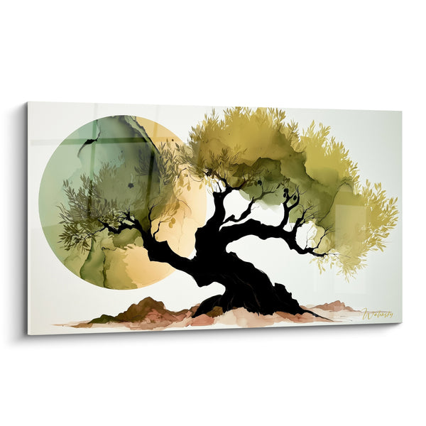 Tableau Olivier au tronc noir et cercle ocre - Aube méditerranéenne - Edition Olivier