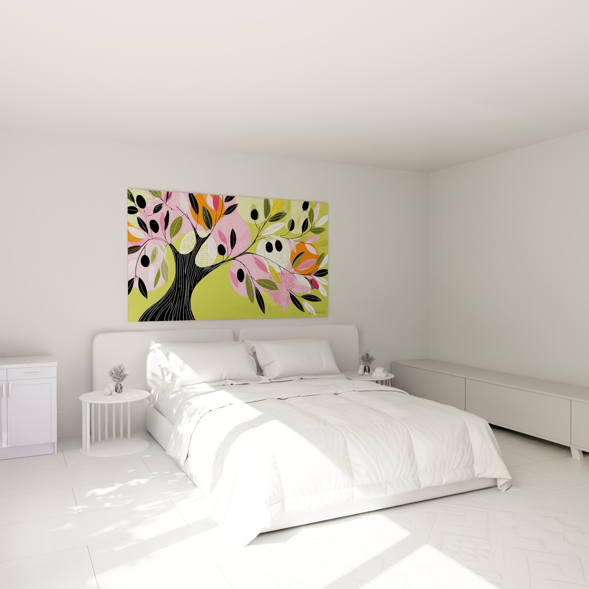 Branches d'olivier illustrées en rose et vert olive, accrochées au-dessus d'un lit dans une chambre claire