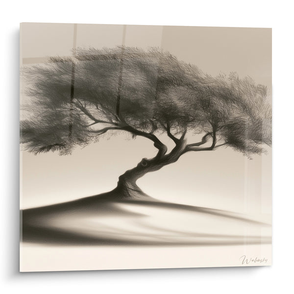 Tableau Olivier noir sur colline beige - Silhouette solitaire - Edition Olivier