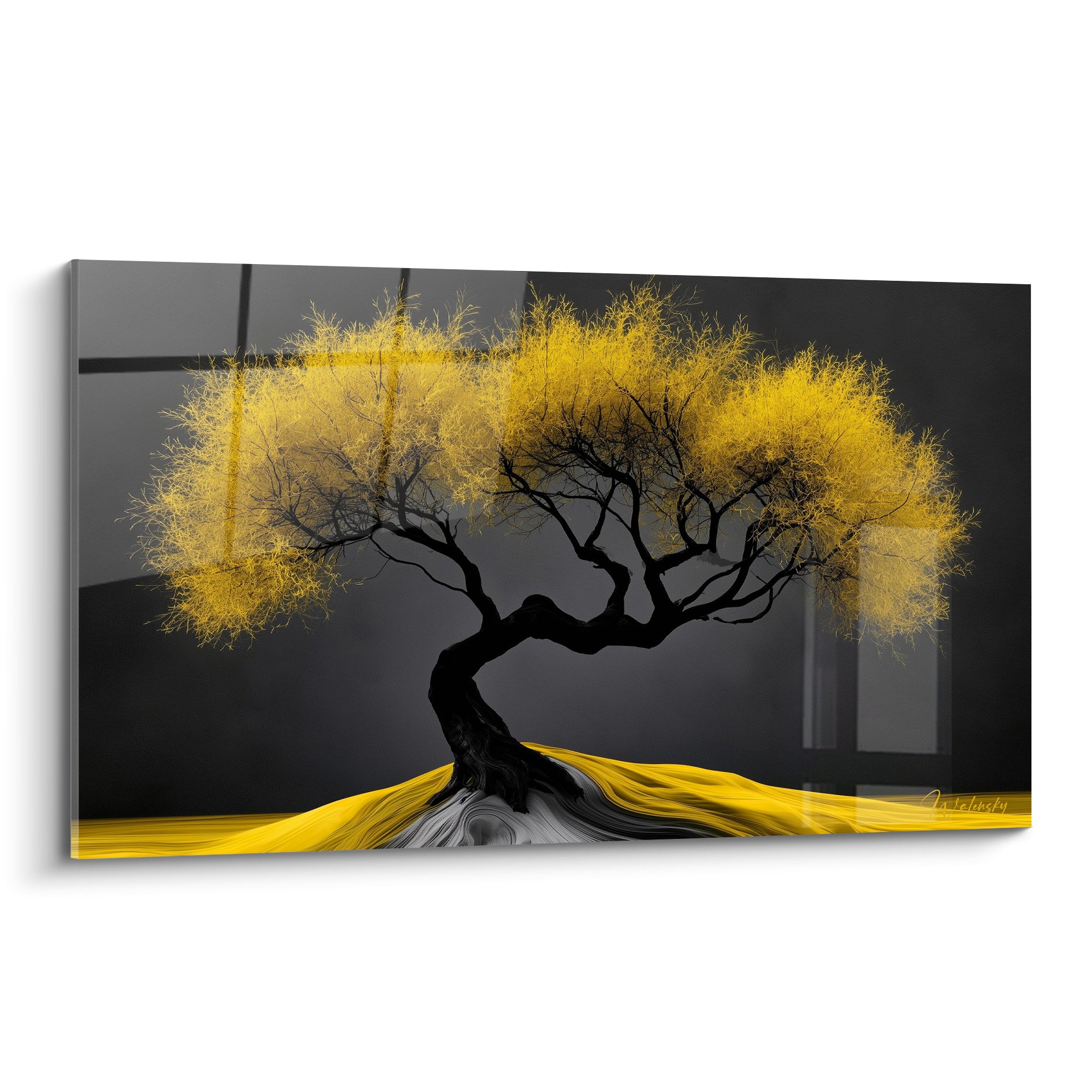 Olivier au tronc noir sinueux et feuillage jaune doré sur fond anthracite intense