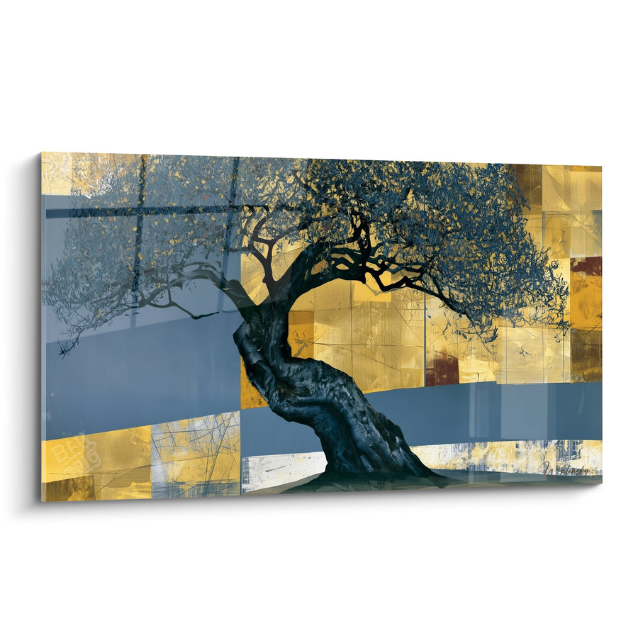 Tableau Olivier noir au tronc sinueux sur fond bleu et doré en damier - Silhouette en patchwork - Edition Olivier