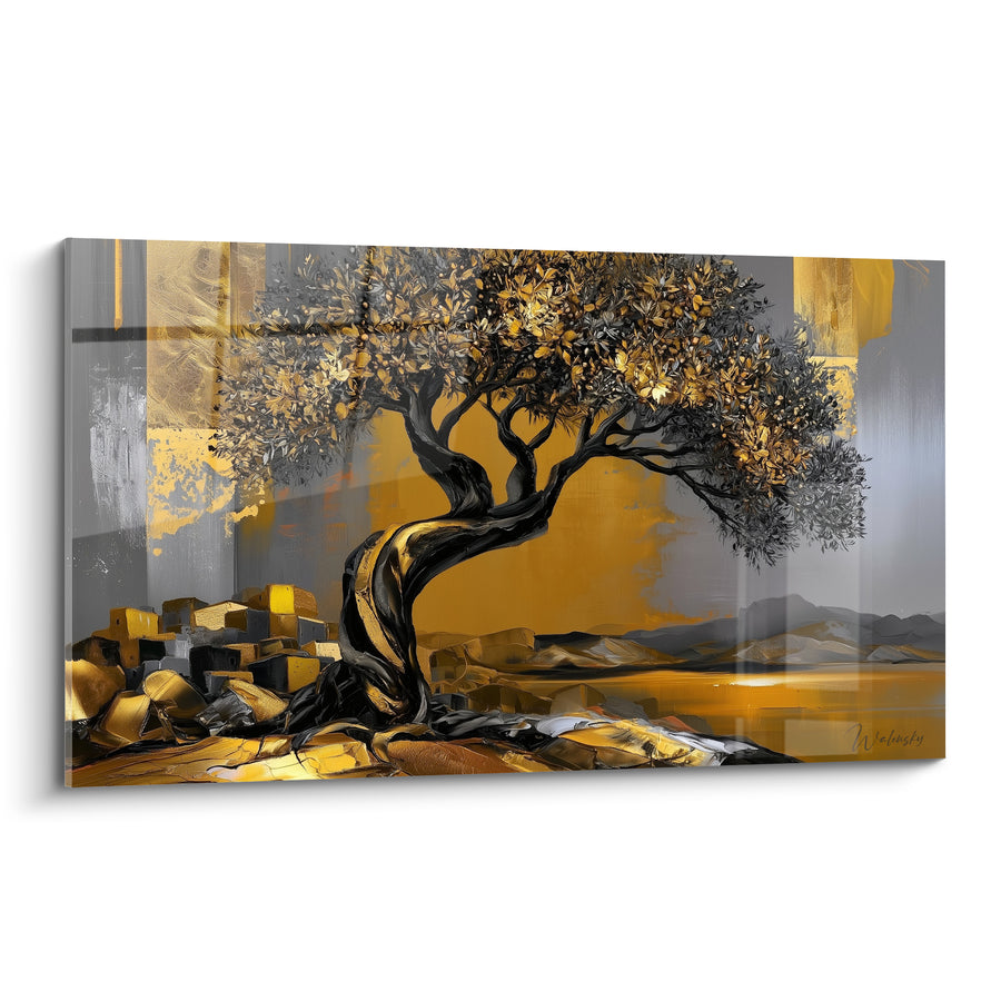 Tableau Olivier noir et doré sur rochers cubiques - Village de pierres empilées - Edition Olivier