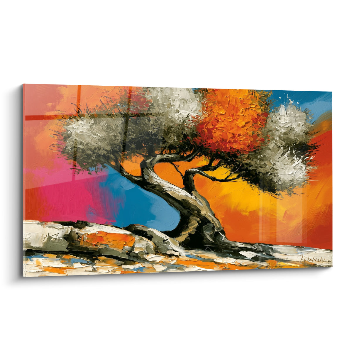 Olivier au tronc noir torsadé, feuillage argenté et orange sur fond bleu et rose fuchsia