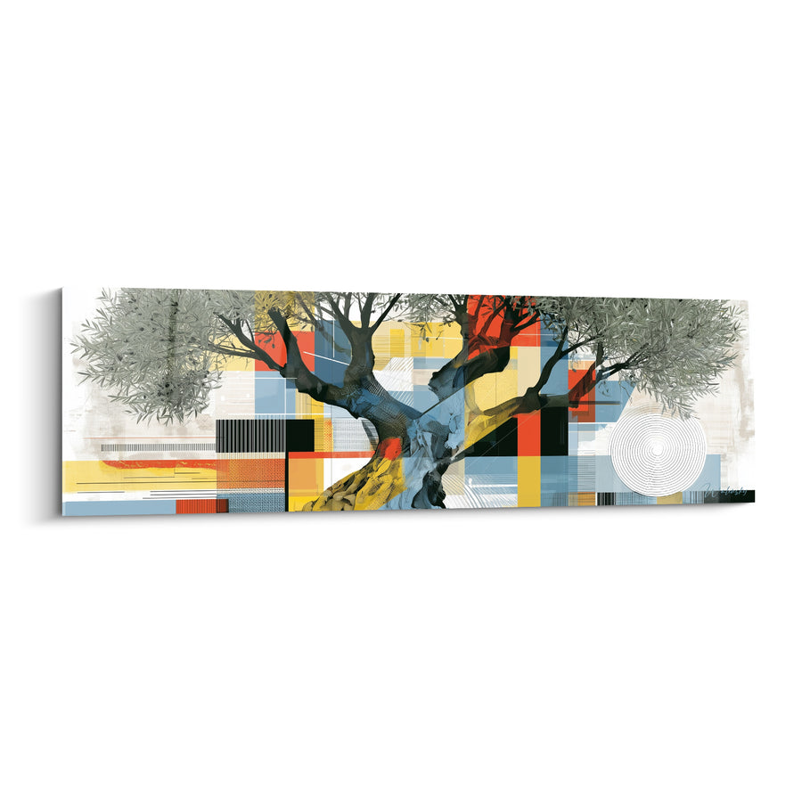 Tableau Olivier tronc noir fond géométrique bleu et jaune - Racines et géométrie - Edition Olivier