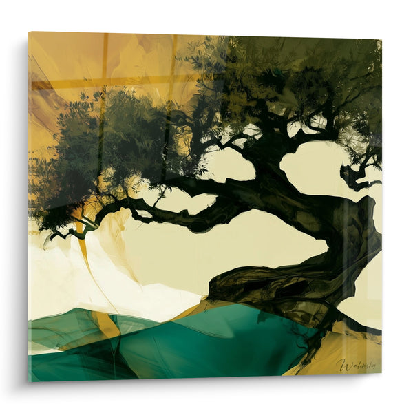 Tableau Olivier noir au tronc étalé sur eau turquoise - Branches penchées vers le rivage - Edition Olivier