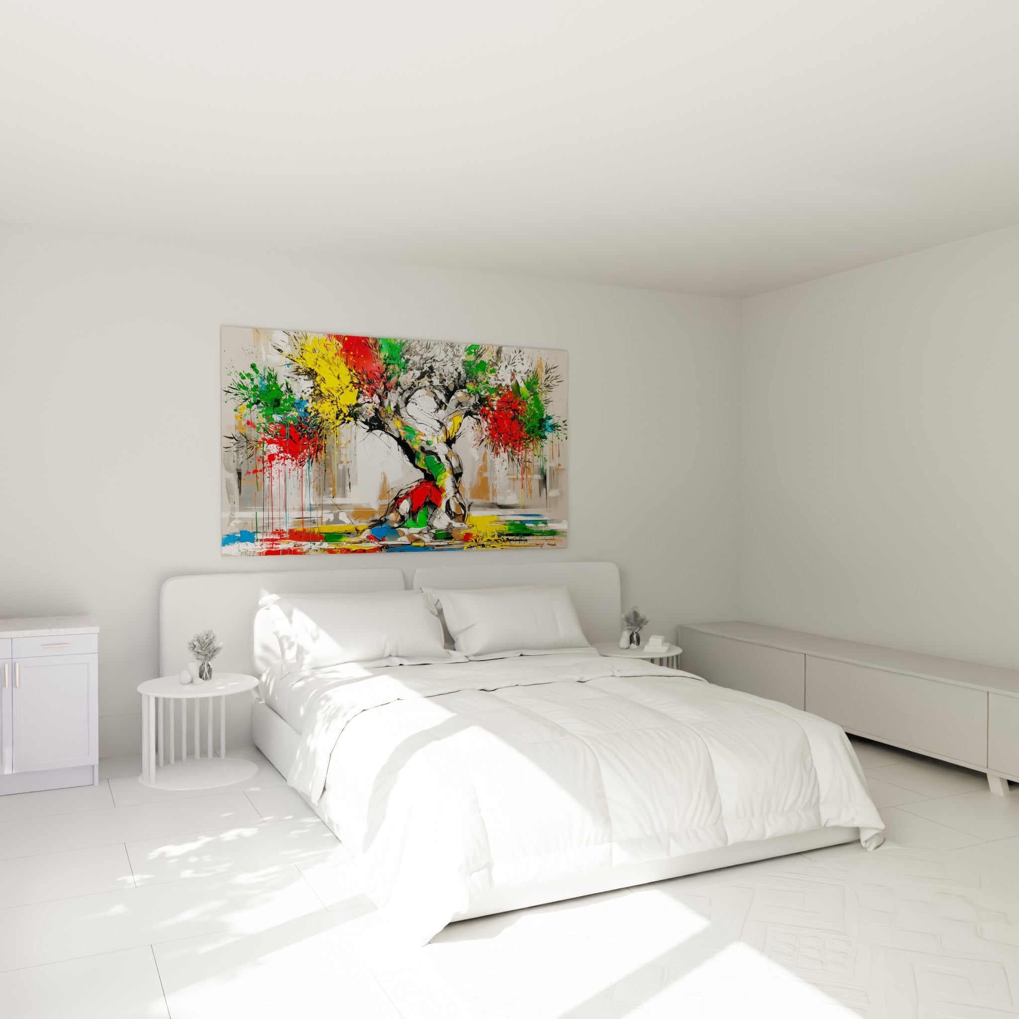 Frondaisons multicolores de l'olivier accrochées au-dessus d'un lit dans une chambre claire