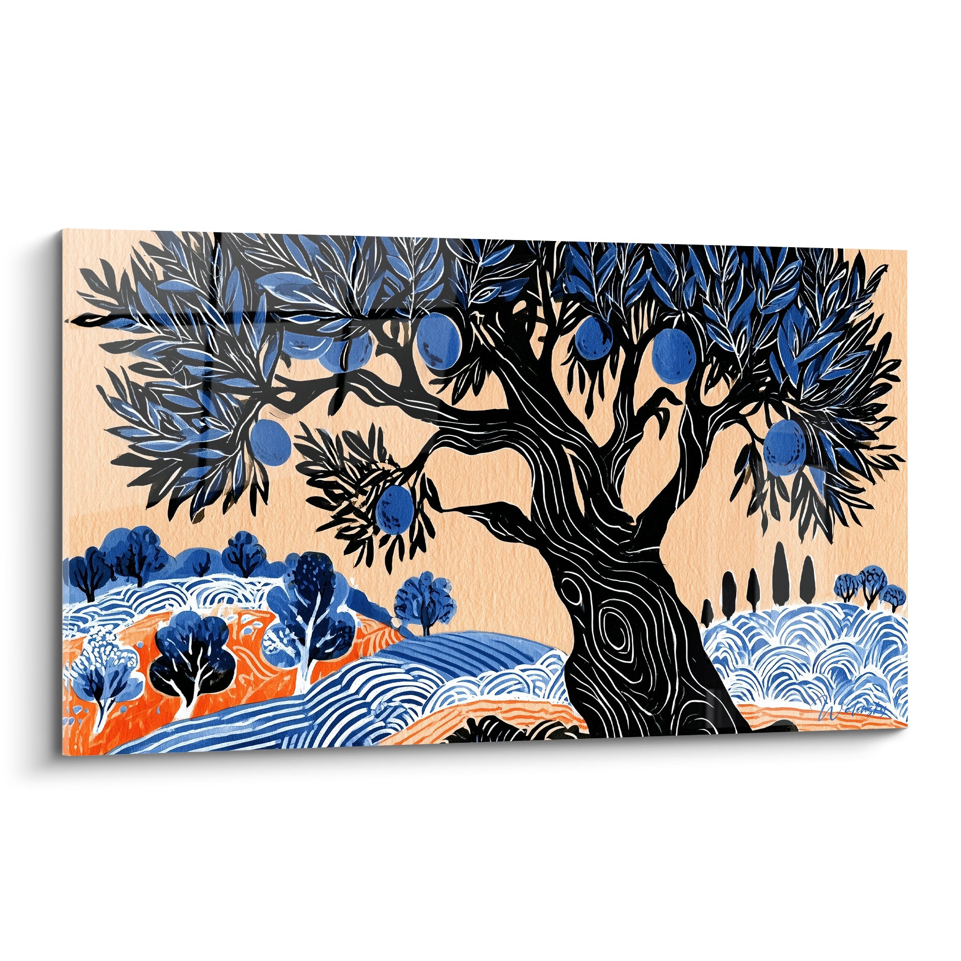 Olivier au tronc noir sculpté et feuillage bleu marine sur fond pêche pâle