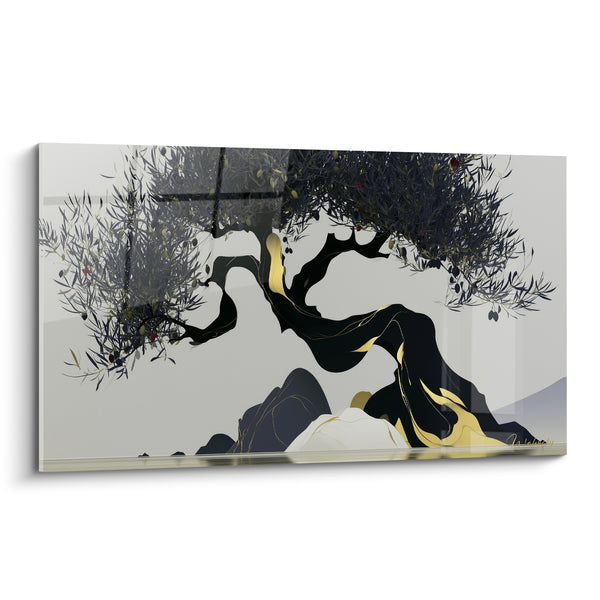 Tableau Olivier noir et doré sur rochers gris - Baies rouges éparses - Edition Olivier