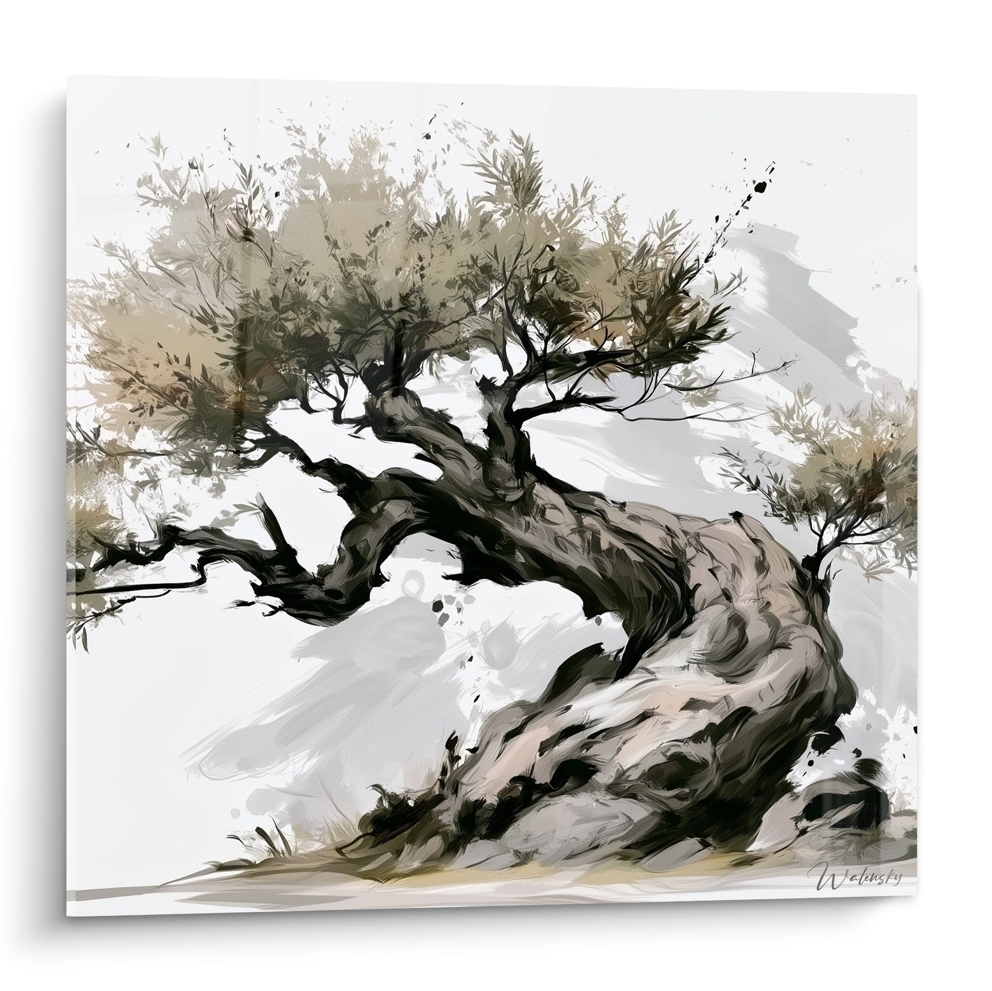 Olivier au tronc noueux anthracite et feuillage doré, peinture gestuelle sur fond blanc cassé