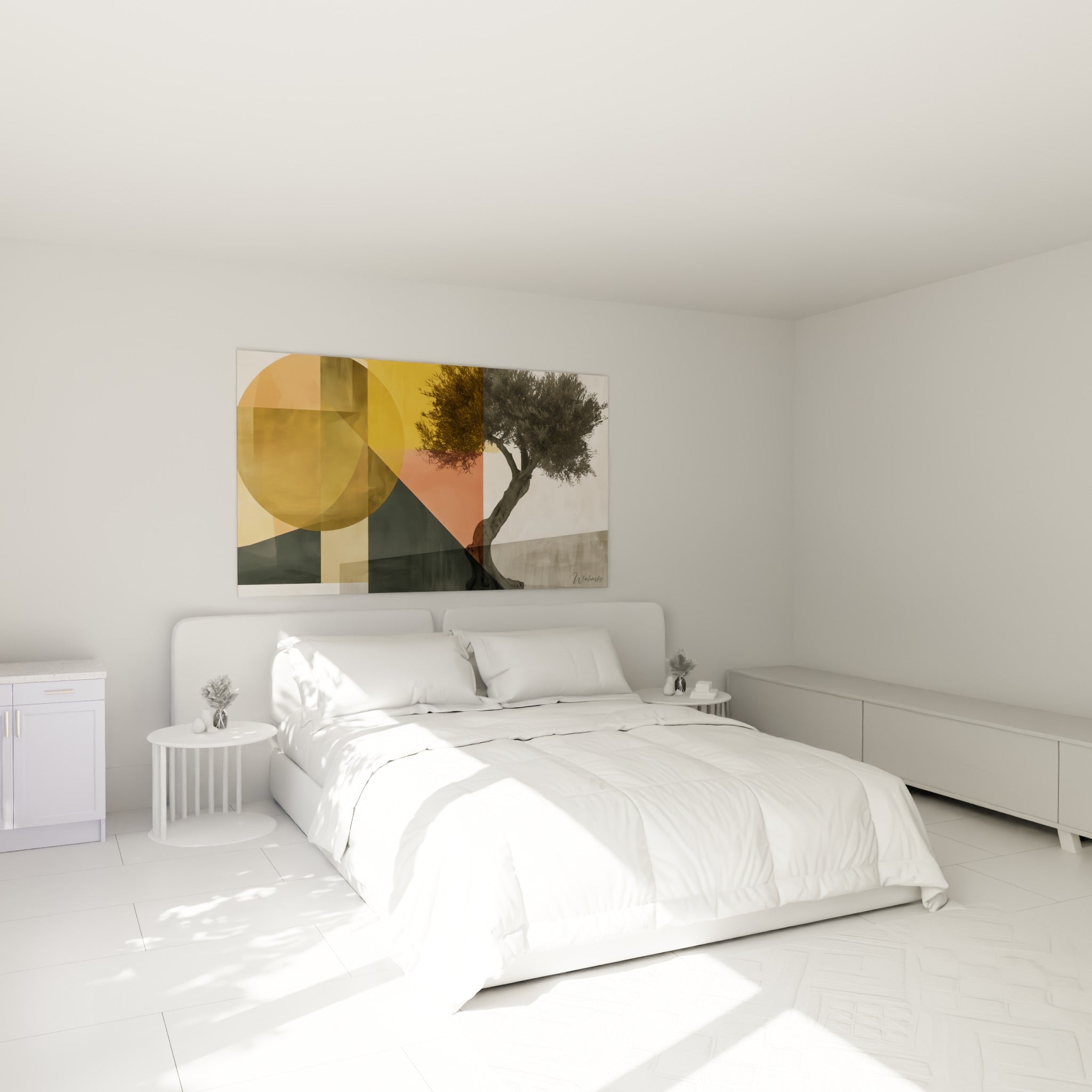 Silhouette d'olivier noueux aux teintes ocre et grises, au-dessus d'un lit dans une chambre claire