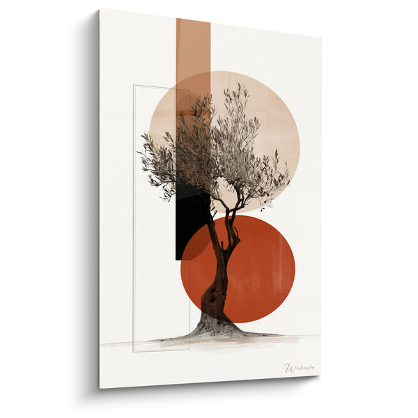 Tableau Olivier gris et terracotta aux disques superposés - Bande verticale ocre - Edition Olivier