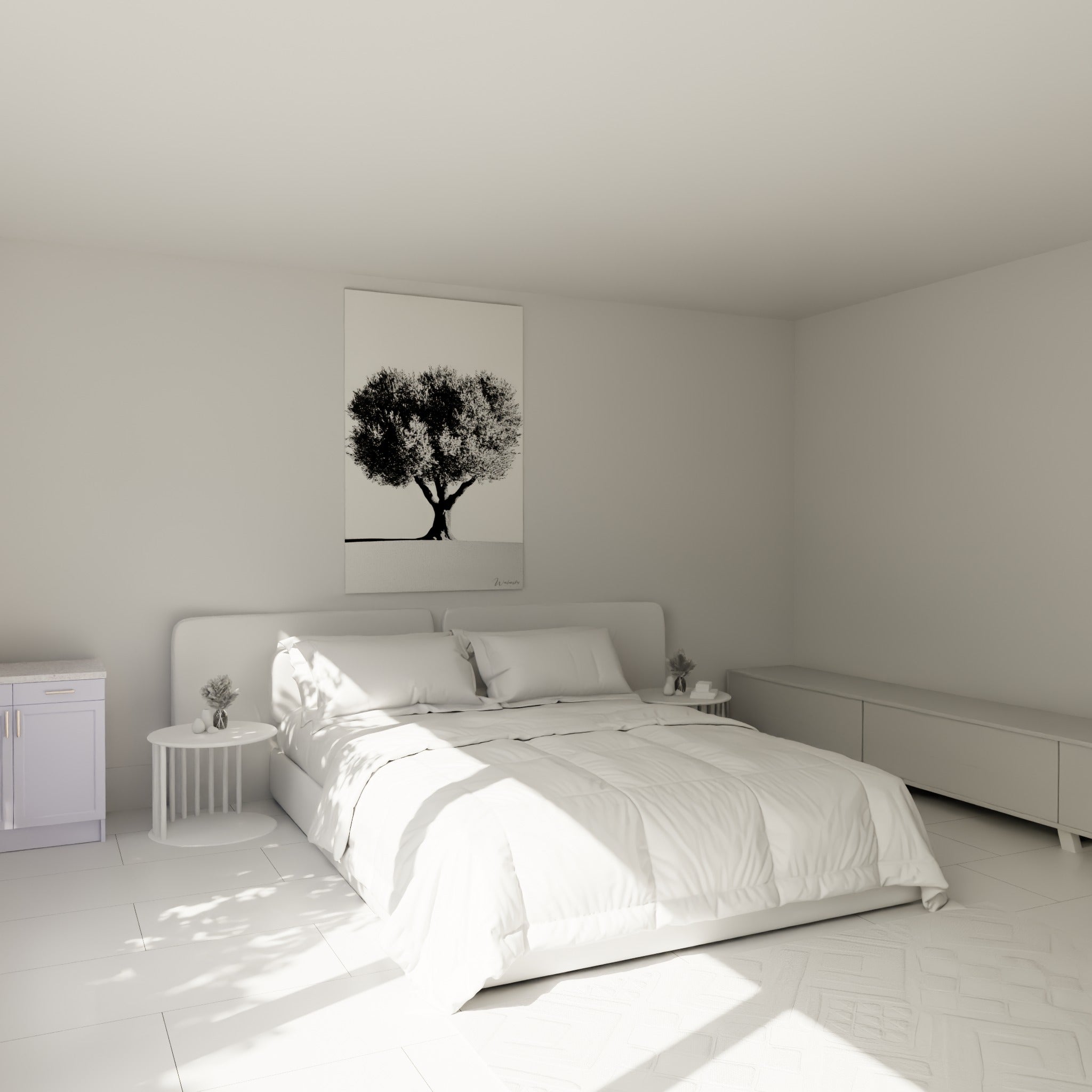Silhouette d'olivier noir et gris se dressant au-dessus d'un lit dans une chambre claire